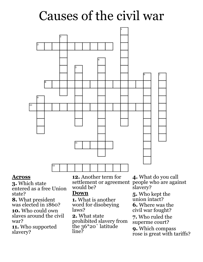 Causes Of The Civil War Crossword WordMint