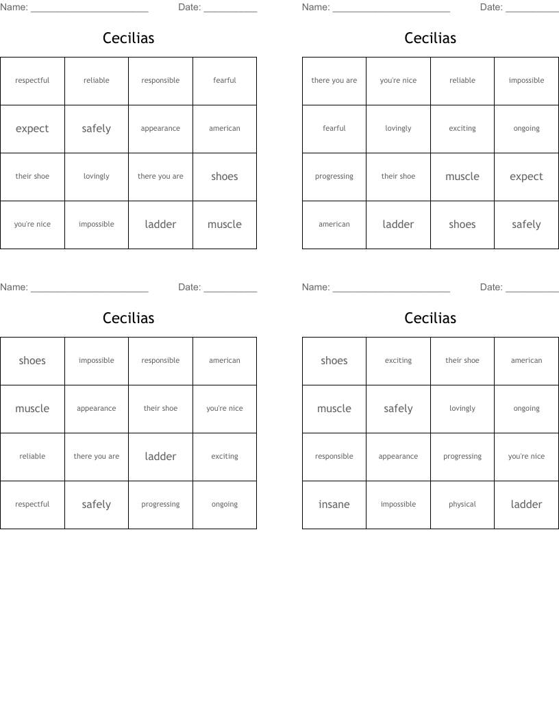 Cecilias Bingo Cards