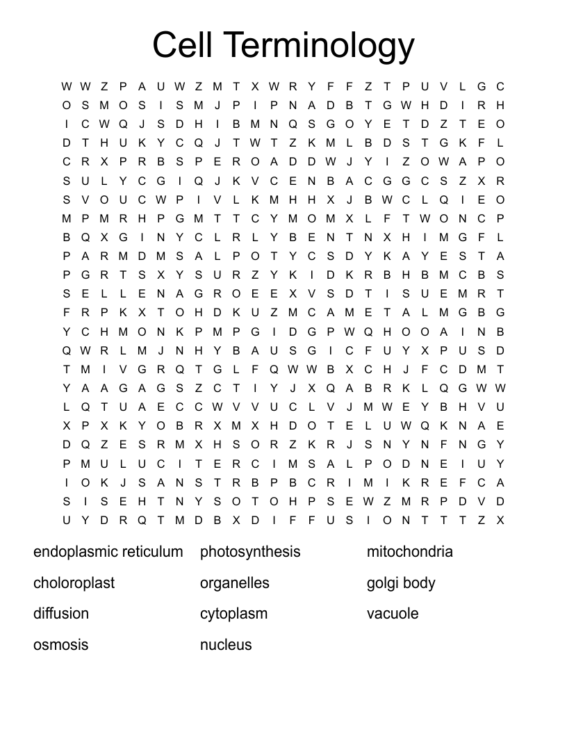 Cell Terminology Word Search