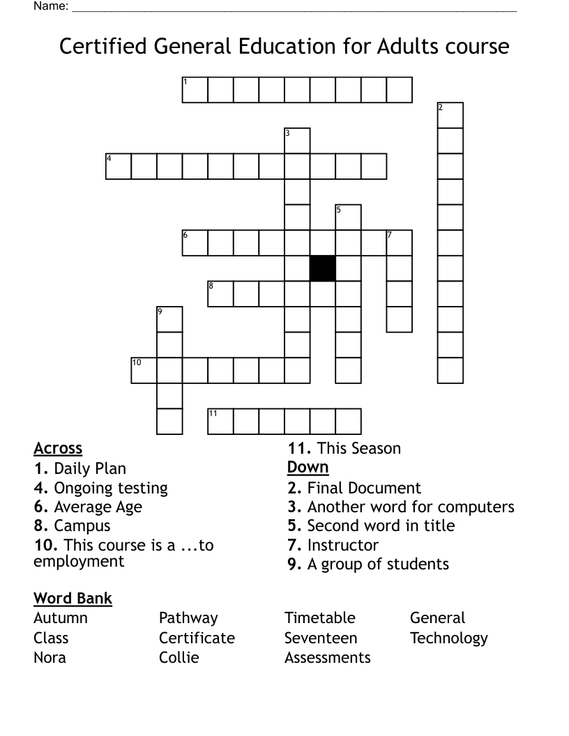 Certified General Education for Adults course Crossword