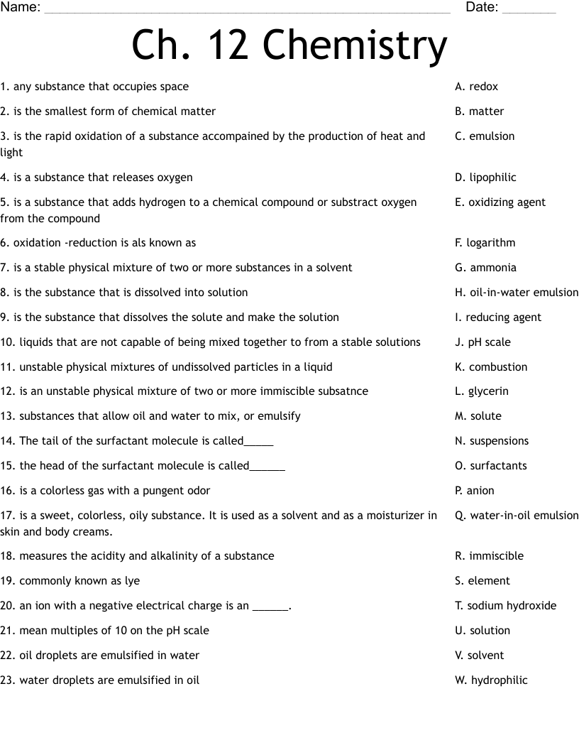 Ch. 12 Chemistry Worksheet - WordMint