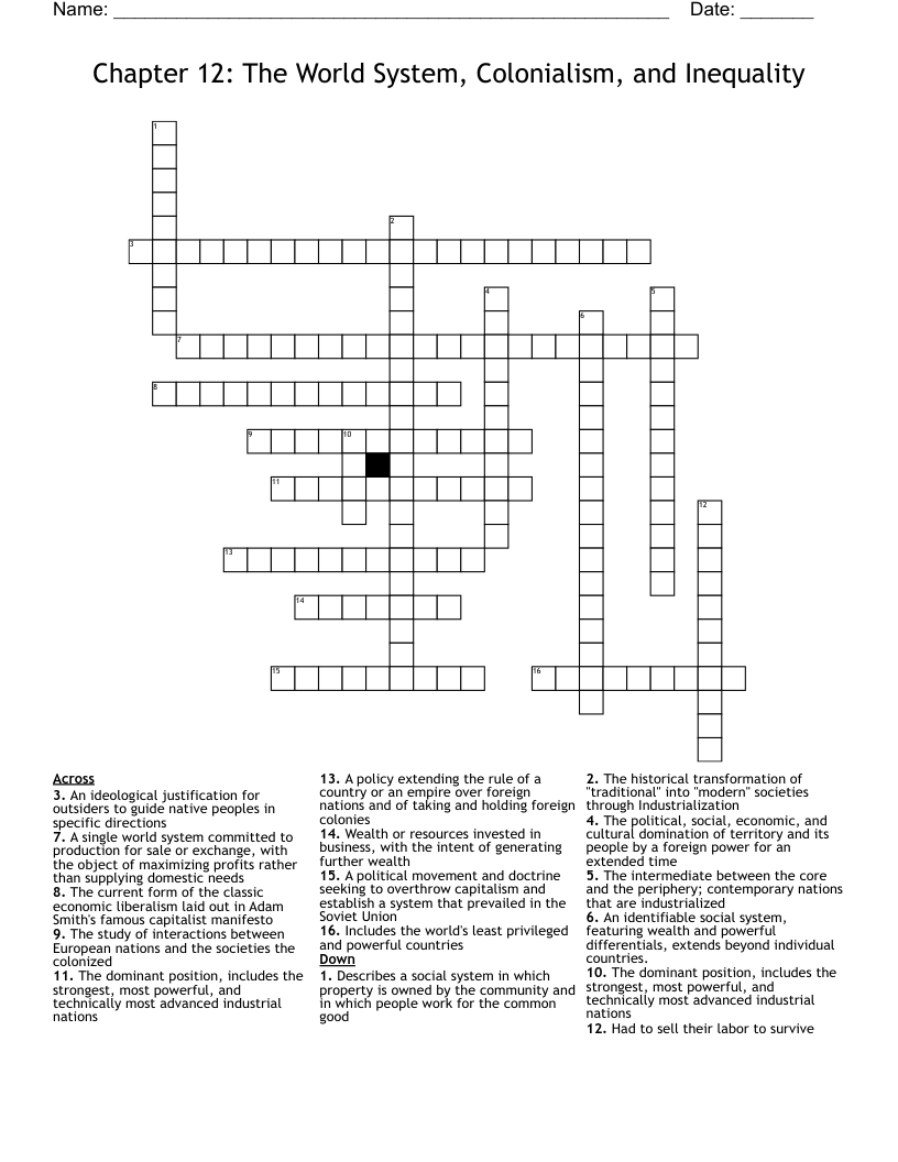 Chapter 12: The World System, Colonialism, and Inequality Crossword