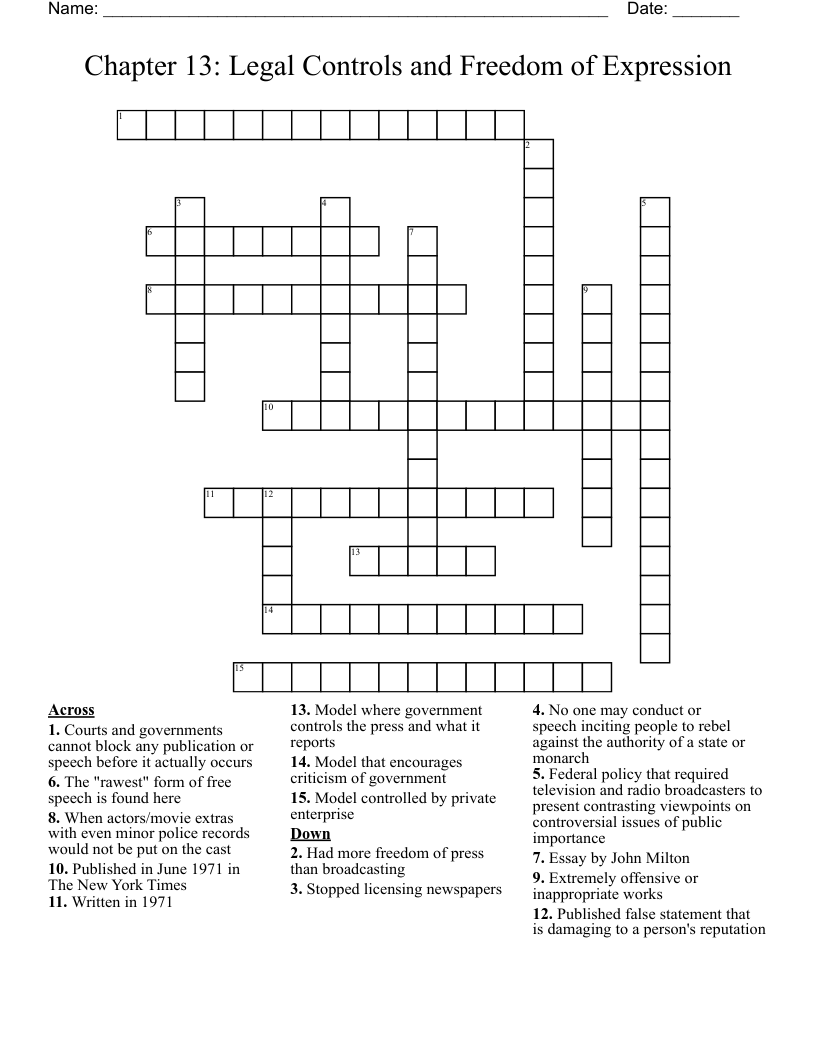 Chapter 13: Legal Controls and Freedom of Expression Crossword