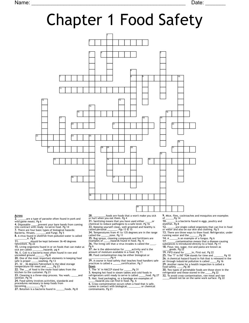 Chapter 1 Food Safety Crossword