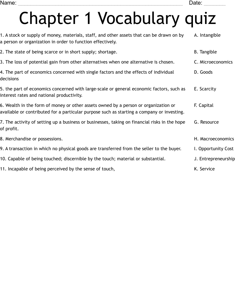 Chapter 1 Vocabulary quiz Worksheet