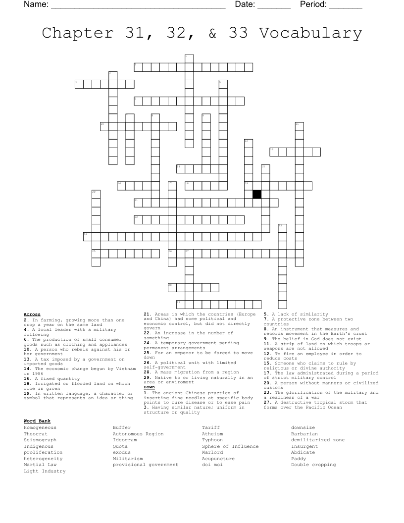 Chapter 31, 32, & 33 Vocabulary Crossword