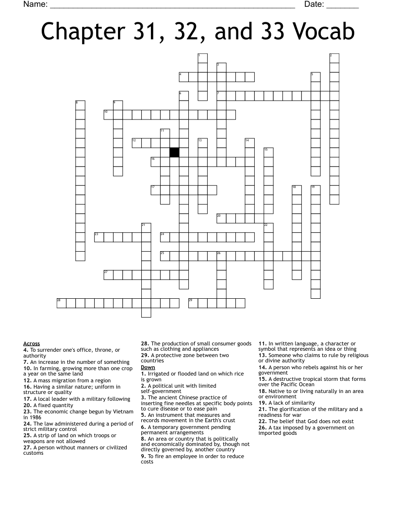 Chapter 31, 32, and 33 Vocab Crossword