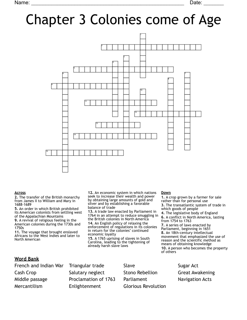 Chapter 3 Colonies come of Age Crossword