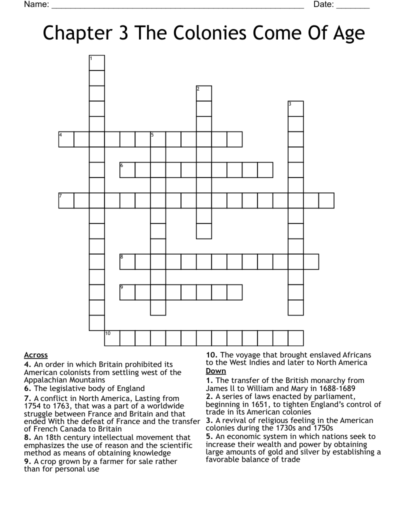 Chapter 3 The Colonies Come Of Age Crossword
