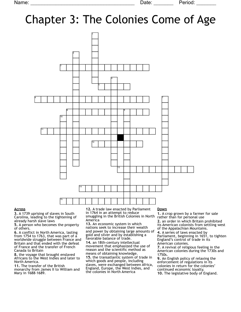 Chapter 3: The Colonies Come of Age Crossword