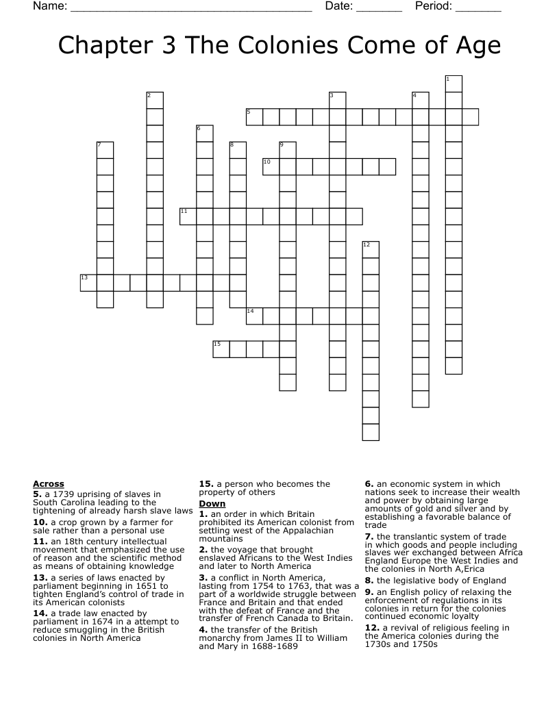 Chapter 3 The Colonies Come of Age Crossword WordMint