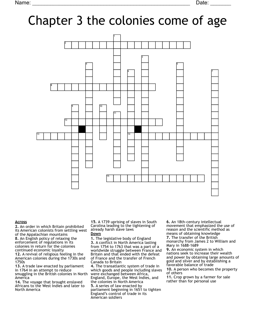 Chapter 3 the colonies come of age  Crossword