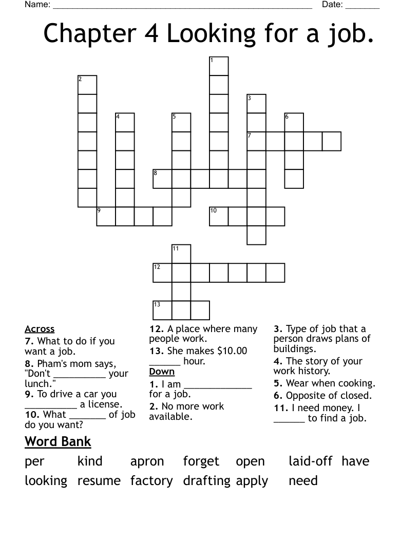 Chapter 4 Looking for a job. Crossword