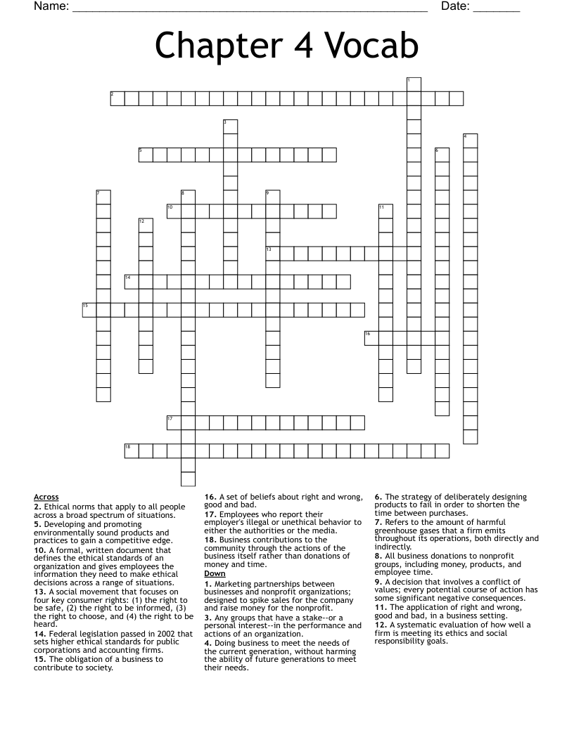Chapter 4 Vocab Crossword