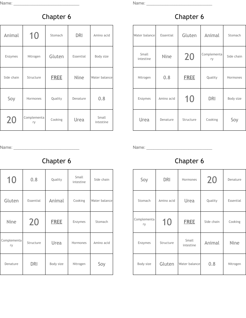 Chapter 6 Bingo Cards