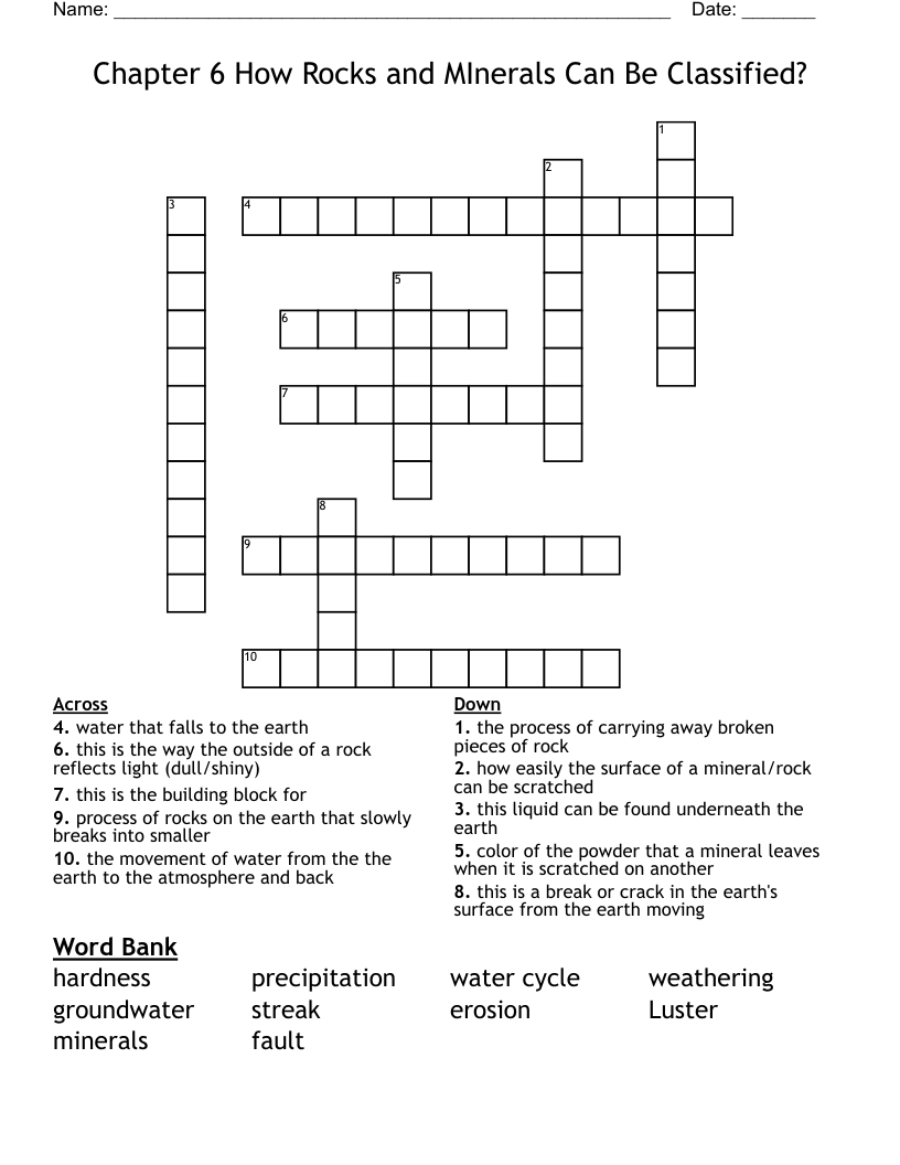 Chapter 6 How Rocks and MInerals Can Be Classified? Crossword