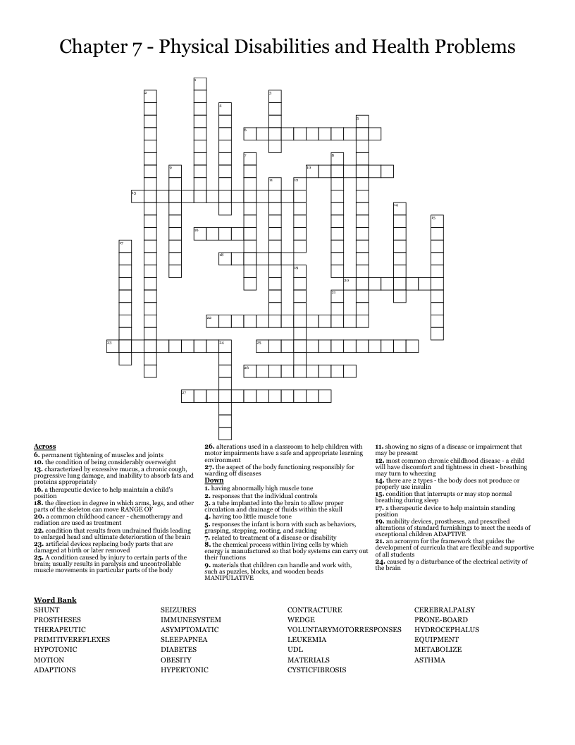 Chapter 7 - Physical Disabilities and Health Problems Crossword