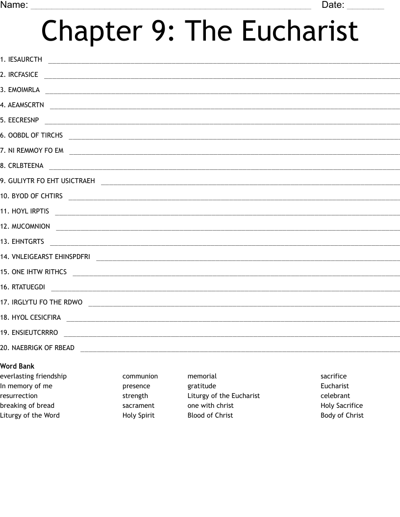 Chapter 9: The Eucharist Word Scramble