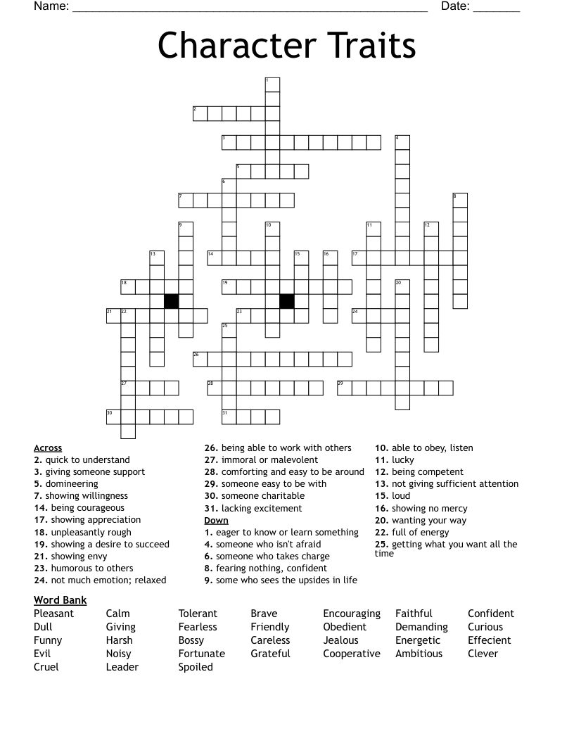 Character Traits Crossword Puzzle WordMint
