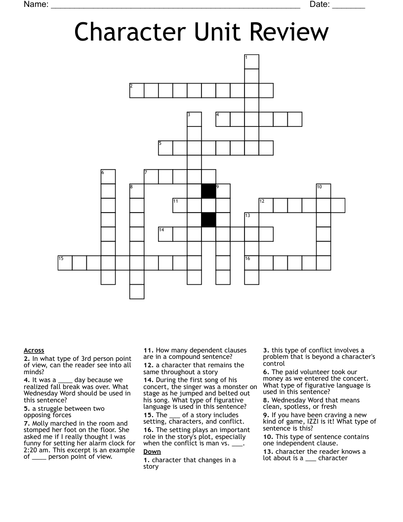 Character Unit Review Crossword