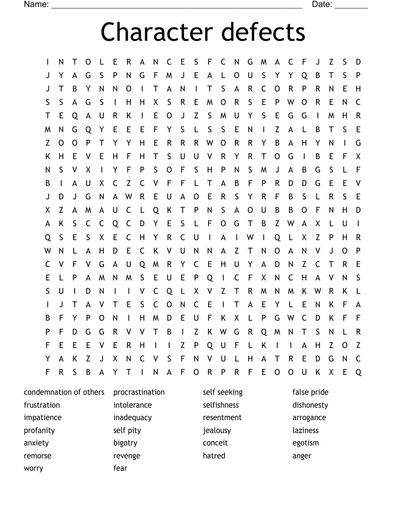 Character defects Word Search - WordMint