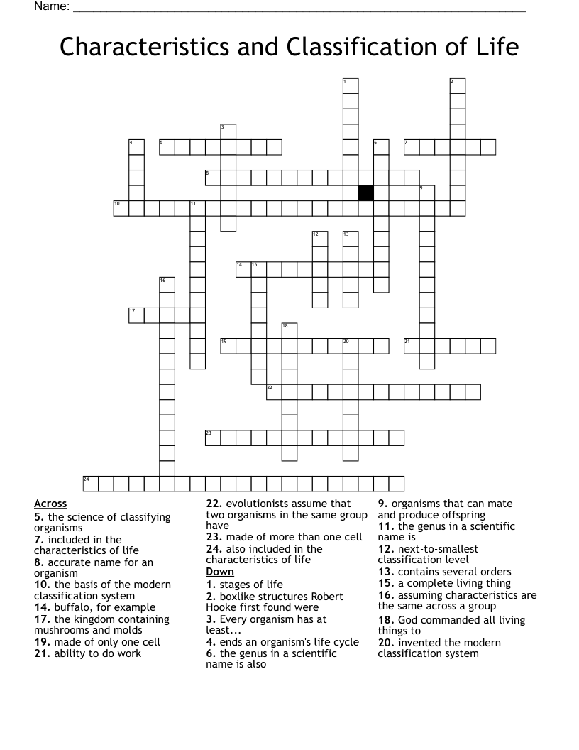 Characteristics And Classification Of Life Crossword WordMint
