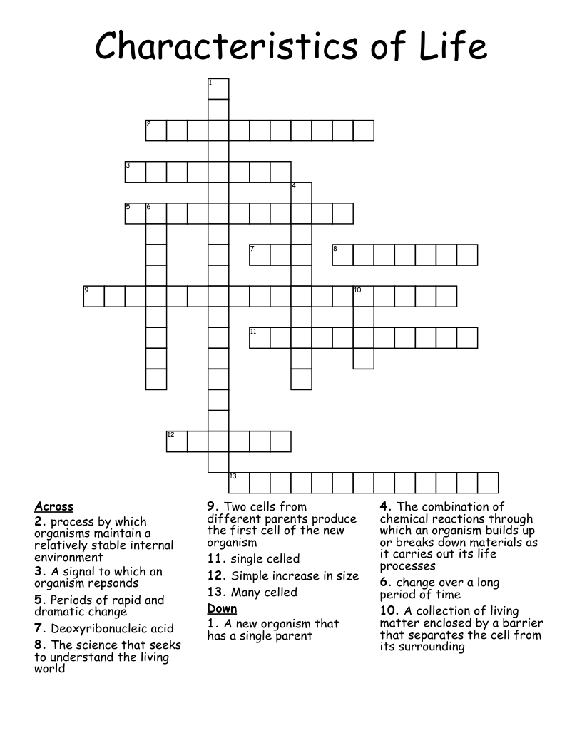 The Characteristics Of Living Things Crossword WordMint