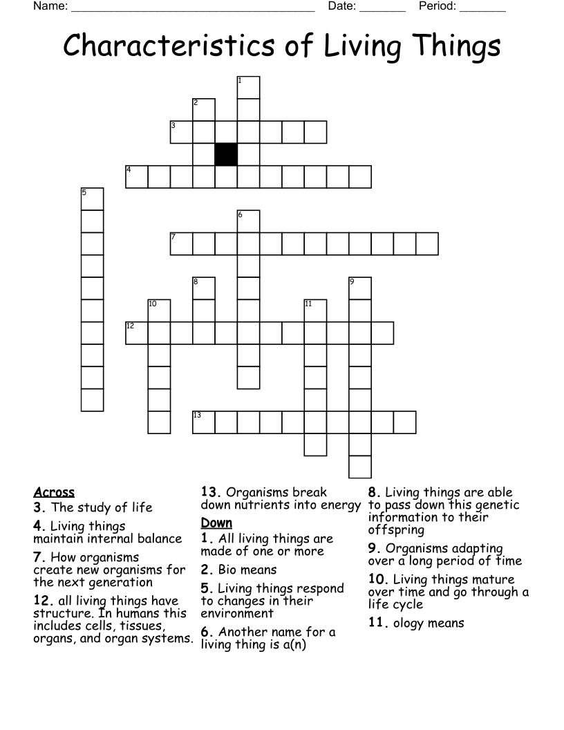 Characteristics of Living Things  Crossword