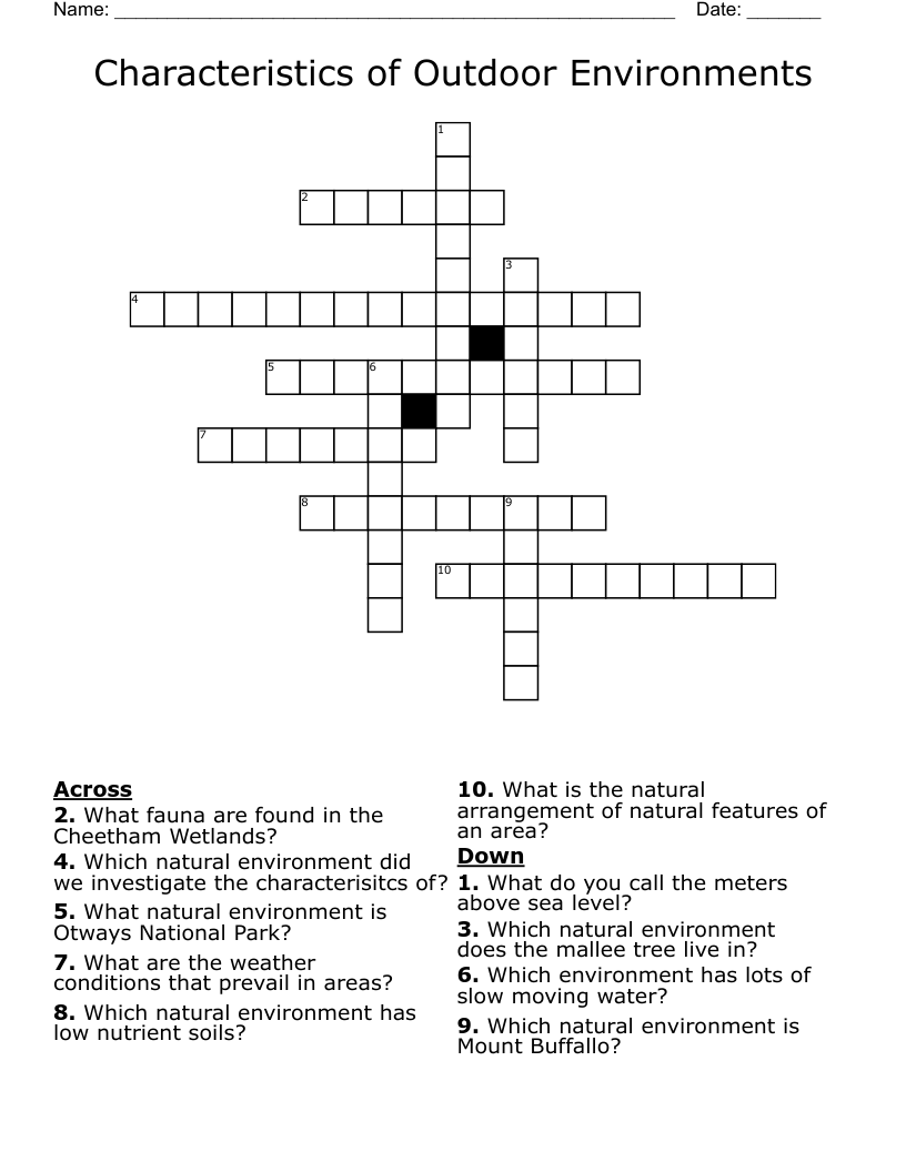 Characteristics of Outdoor Environments Crossword