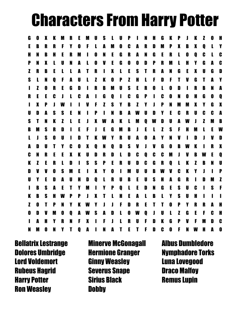 Harry Potter Characters Word Search WordMint