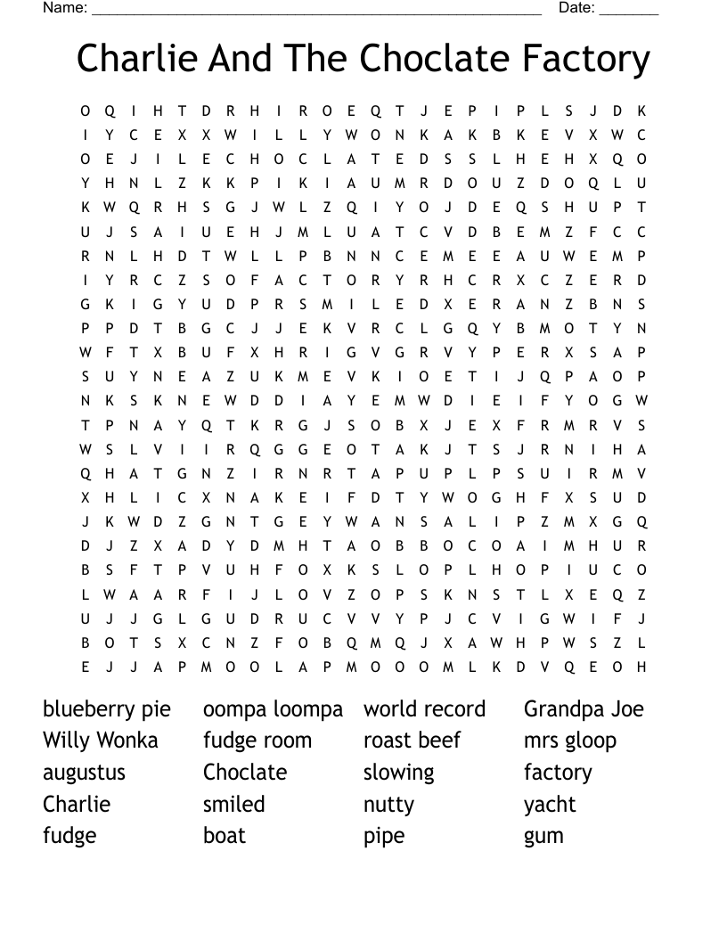 Charlie And The Choclate Factory Word Search WordMint