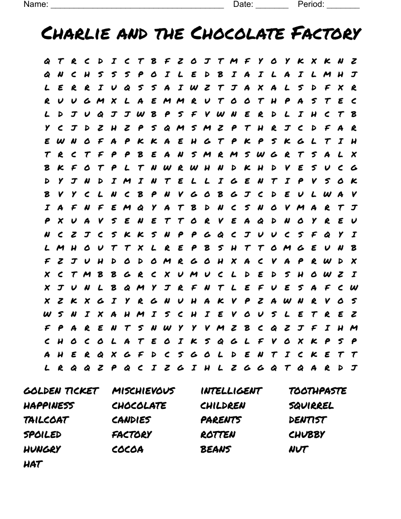 Charlie And The Chocolate Factory Word Search WordMint