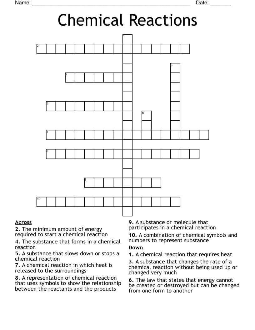 Chemical Reactions Crossword WordMint