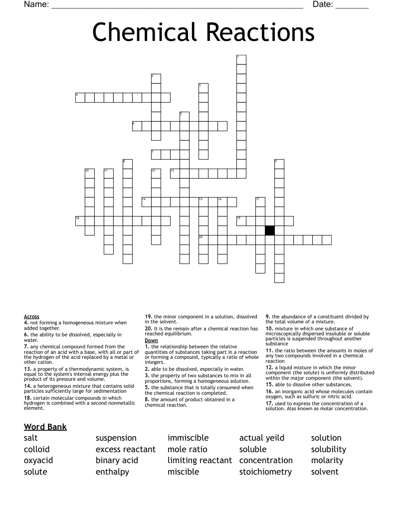 Chemical Reactions Crossword WordMint