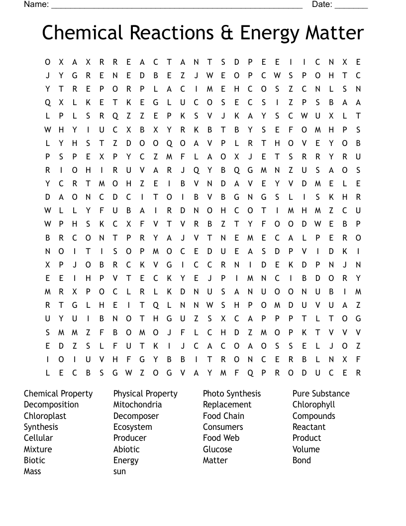 Chemical Reactions & Energy Matter Word Search
