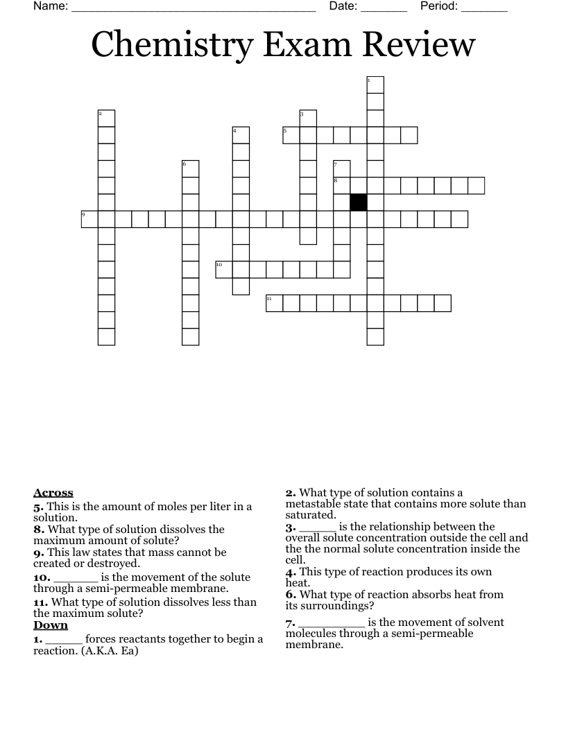 Chemistry Exam Review Crossword WordMint