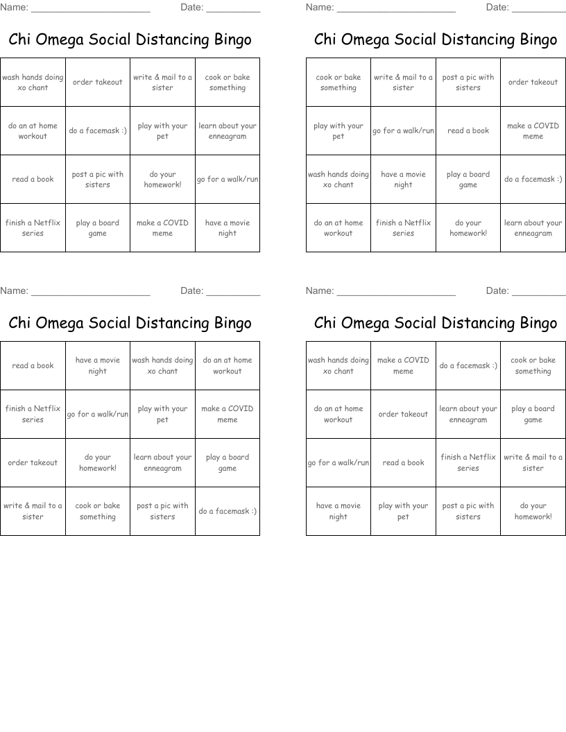 Chi Omega Social Distancing Bingo