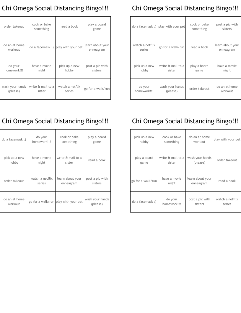 Chi Omega Social Distancing Bingo!!!