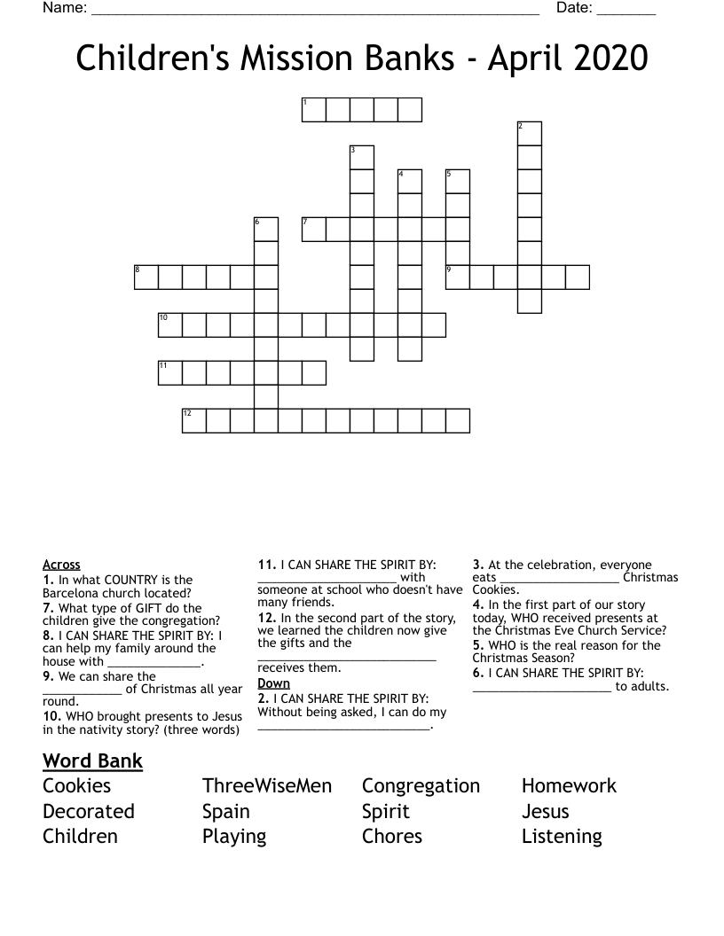 Children's Mission Banks - April 2020 Crossword