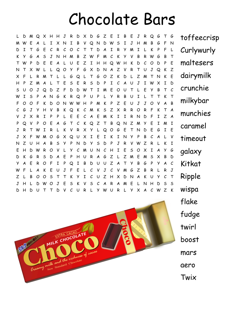 Chocolate Bars Word Search - WordMint