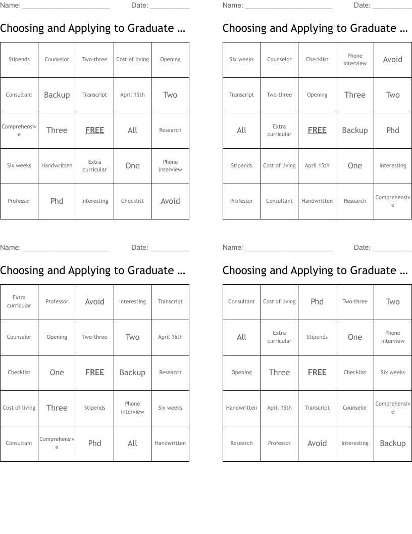 Choosing and Applying to Graduate School Bingo Cards