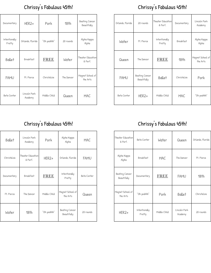 Chrissy's Fabulous 45th! Bingo Cards