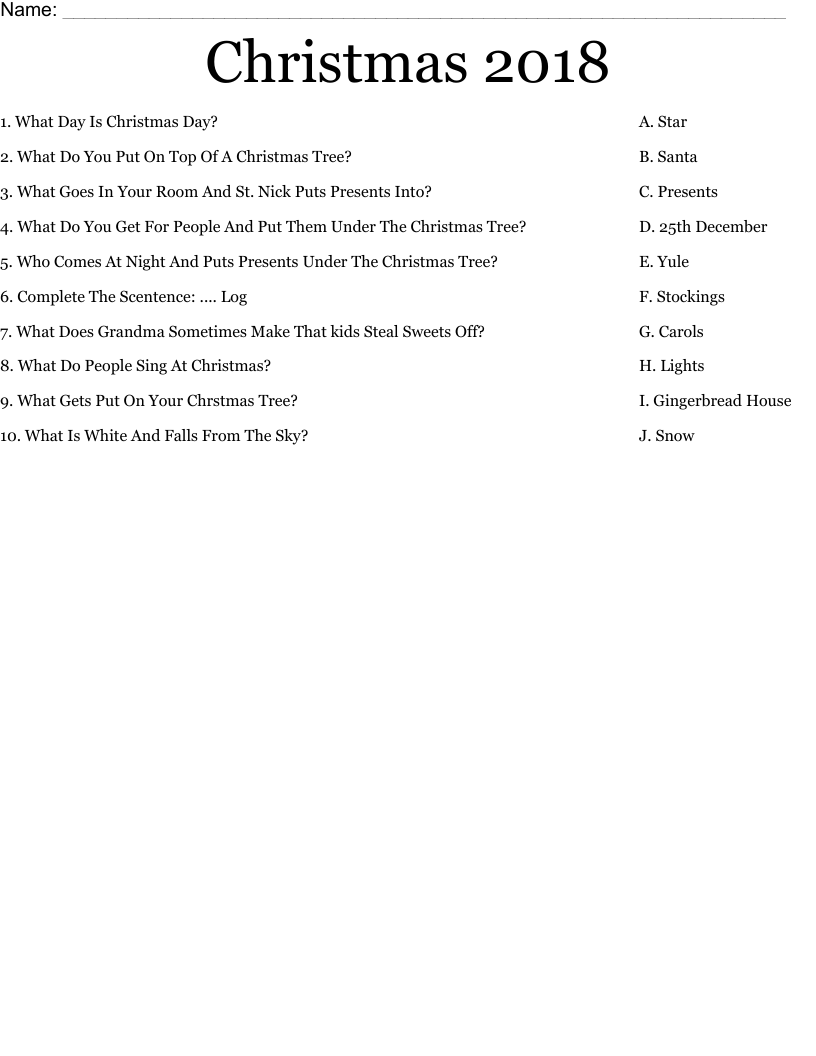 Christmas 2018 Worksheet