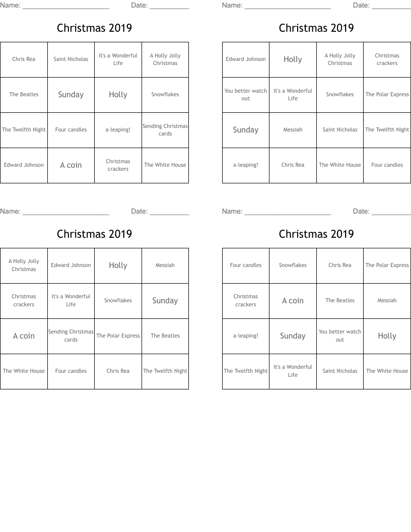 Christmas 2019 Bingo Cards