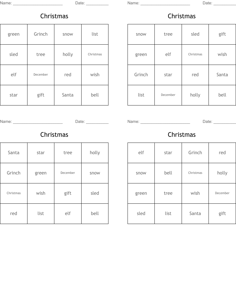 Christmas Bingo Cards