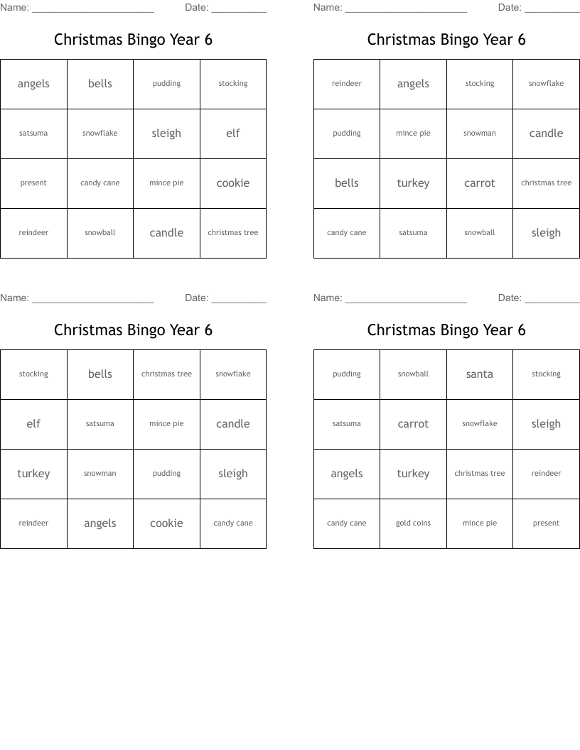 Christmas Bingo Year 6