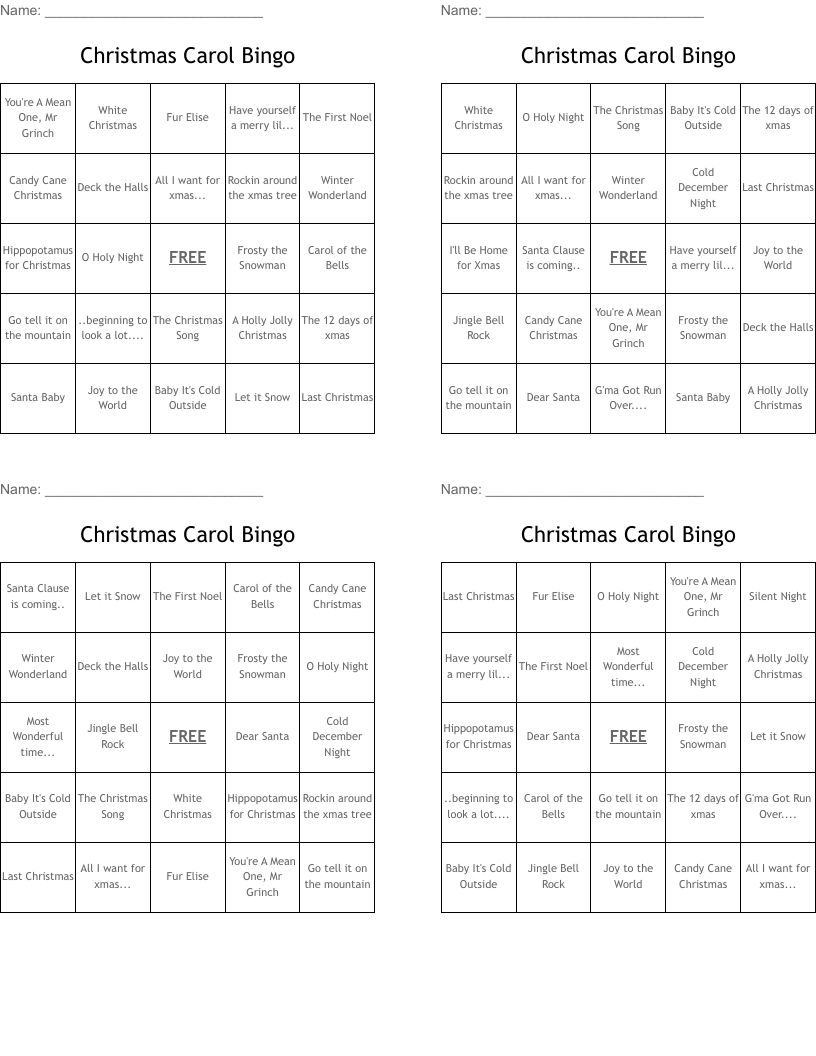 Christmas Carol Bingo