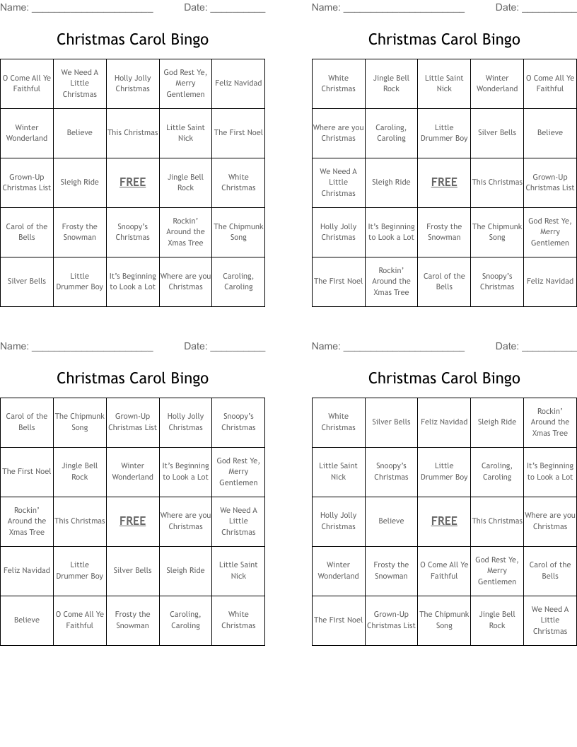Christmas Carol Bingo 