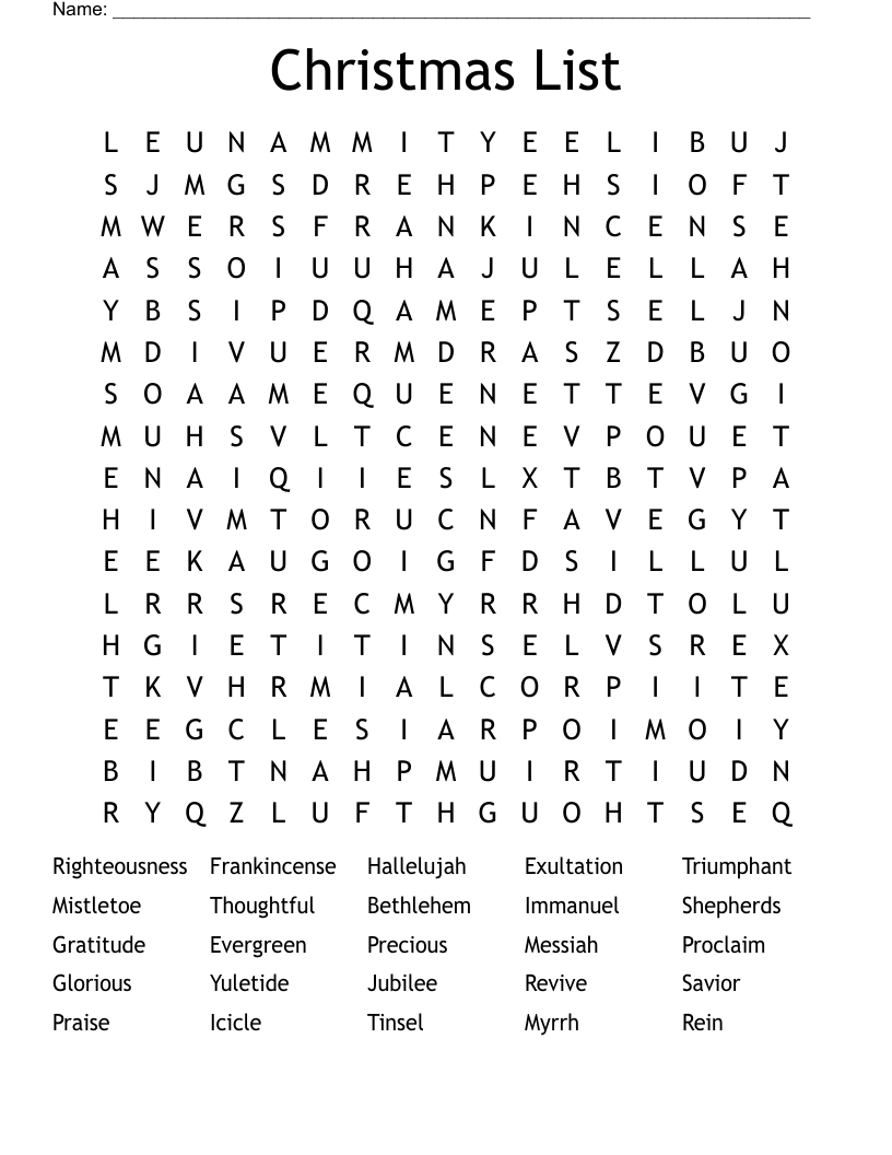 Christmas List Word Search