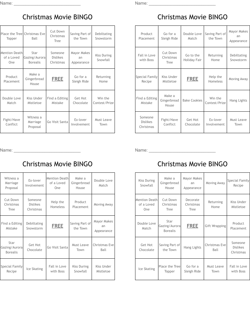 Christmas Movie BINGO